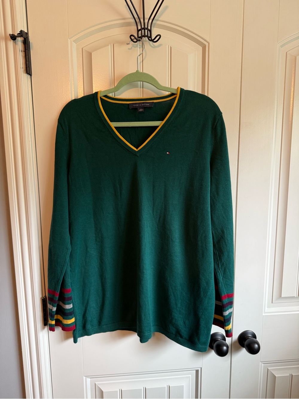Tommy Hilfiger Dark Green V-Neck Sweater with Striped Cuffs